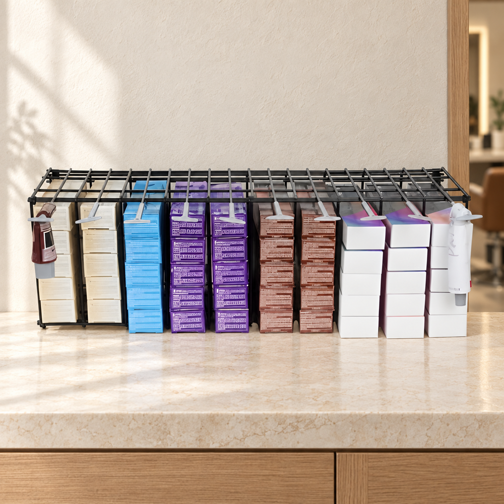 ez hair color rack large in a warm, naturally lit salon setting