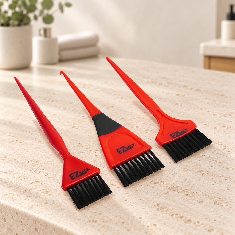 tint hair color brushes in a warm, naturally lit salon setting